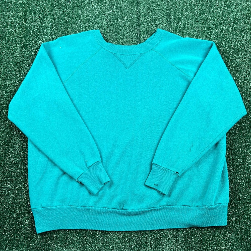 VTG Crewneck Raglan Cut Single V Sweatshirt Mens Large Teal Distressed Blank 60s